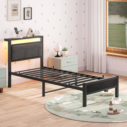 Gestoffeerd bedframe 90 x 200 cm, bedframe met led en laadstation, metalen bed met hoofdeinde, modern logeerbed, tienerbed, metalen eenpersoonsbed met lattenbodem, voor slaapkamer, zwart