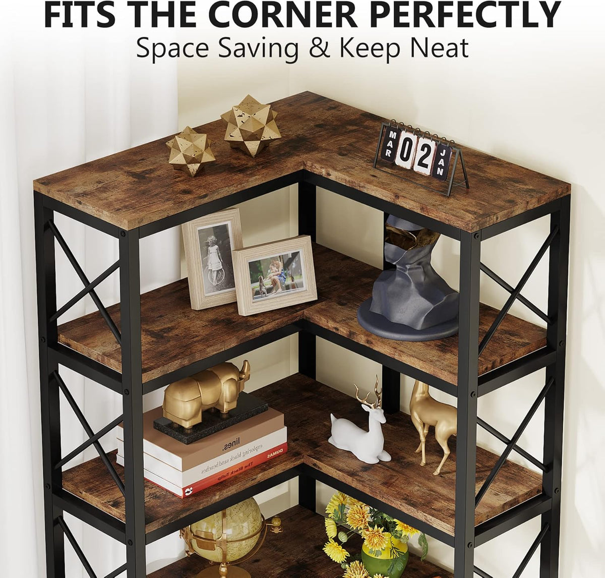 Tribesigns Corner Bookcase, Tall Bookshelf, Industrial Large Corner Shelf, Floor Standing Corner Shelf, Metal Frame Storage Rack for Living Room, Home, Office (7 Shelves)