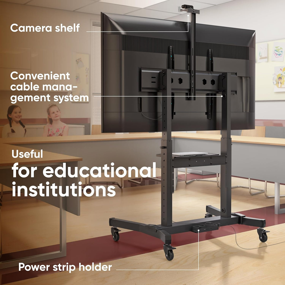Verrijdbare TV Standaard Zwart – TV Standaard Op Wielen – Televisie Standaard – TV Vloerstandaard – Mobiele TV Standaard – Geschikt Voor 50-100 Inch En 120 Kg – In Hoogte Verstelbaar En Kantelbaar 5°