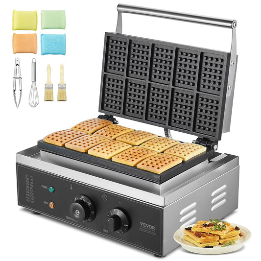 VEVOR Commercieel wafelijzer, 1550 W, anti-aanbaklaag van roestvrij staal, met temperatuur- en tijdregeling, handvat, voor restaurant, bakkerij, snackbar, familie, 10 rechthoekige wafels