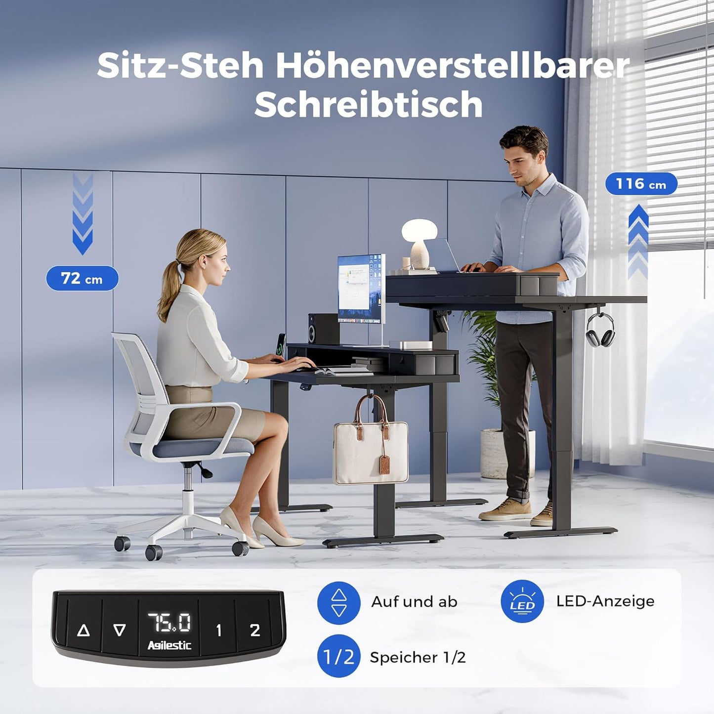 Agilestic In hoogte verstelbaar bureau met twee laden, 120 x 60 cm, elektrische computertafel met geheugenfunctie, kantoor- en thuisbureau, zwart