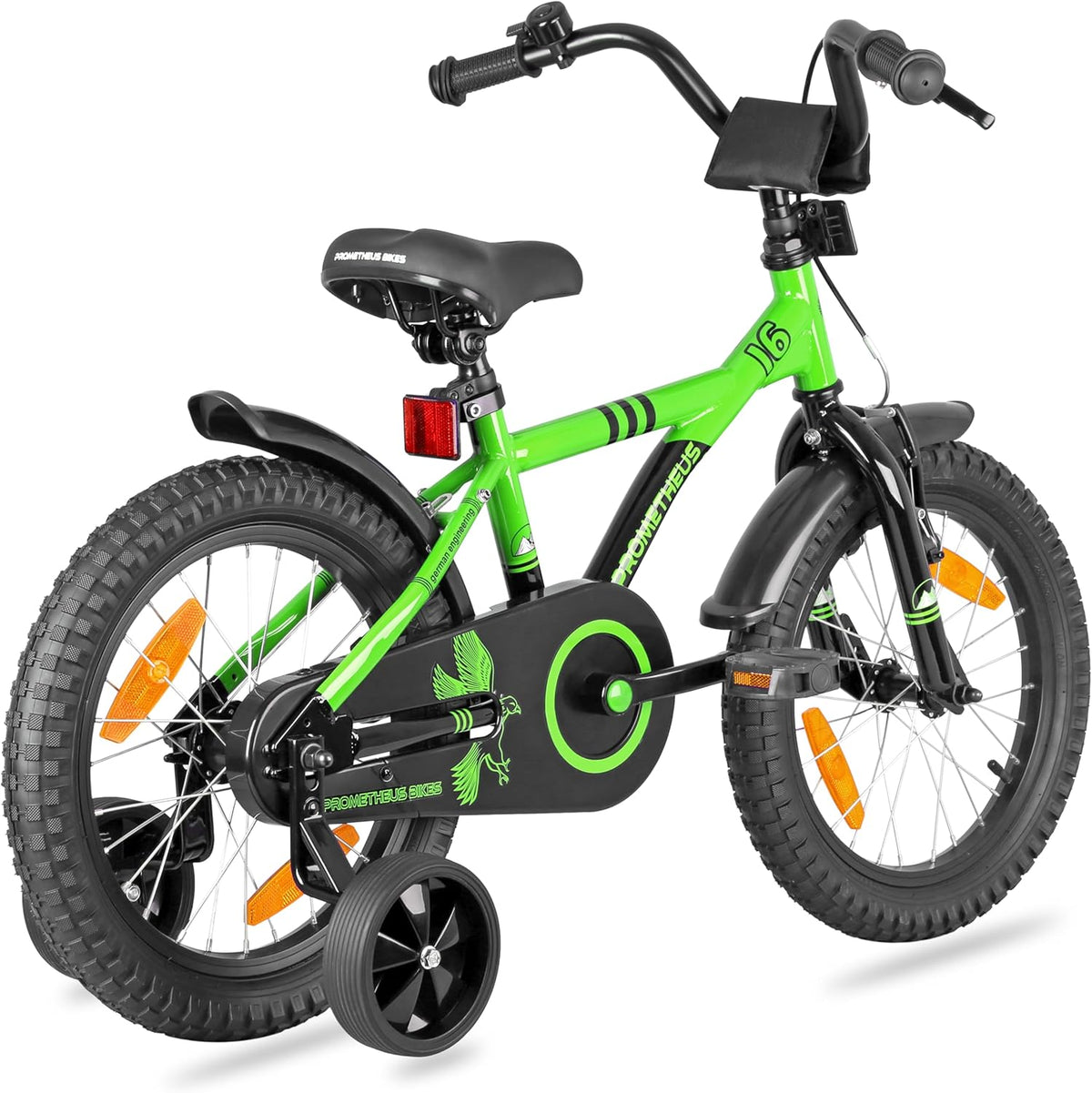 PROMETHEUS BICYCLES Kinderfiets, 16 inch, vanaf 5 jaar, voor meisjes en jongens, met zijwieltjes, achteruittraprem, groen en zwart
