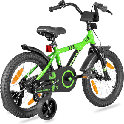 PROMETHEUS BICYCLES Kinderfiets, 16 inch, vanaf 5 jaar, voor meisjes en jongens, met zijwieltjes, achteruittraprem, groen en zwart
