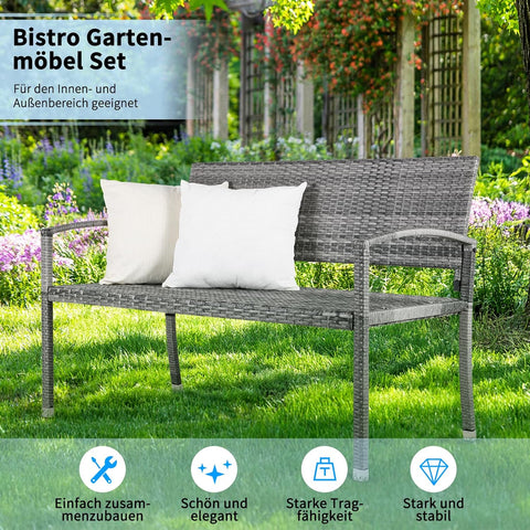 Tuinbank - Buitenbank - Terrasbank - Balkonbank - 2-zitsbank - met Staal Frame - Armsteunen - Tuinmeubelen - voor Tuin - Terras - Balkon - Polyrotan - 122 x 60 x 85 cm - Grijs