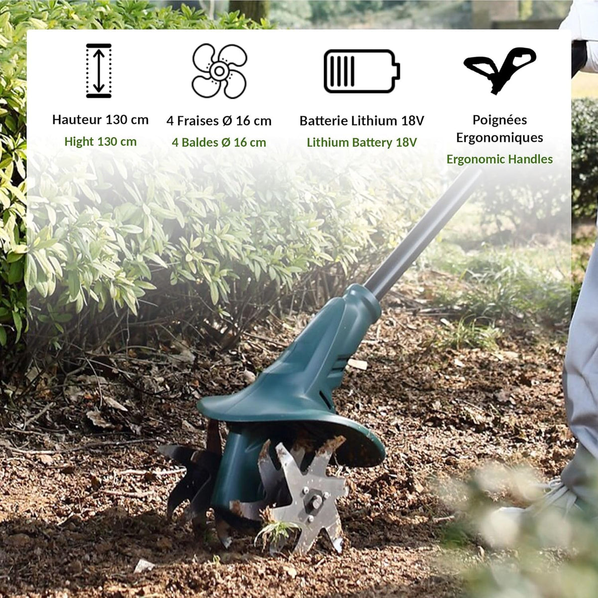 FISHTEC ® Accu-motorhak met lithiumbatterij 18 V, werkbreedte 20 cm, werkdiepte 8 cm, 4 frezen, ergonomische dubbele handgreep, inclusief accu en oplader