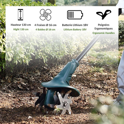 FISHTEC ® Accu-motorhak met lithiumbatterij 18 V, werkbreedte 20 cm, werkdiepte 8 cm, 4 frezen, ergonomische dubbele handgreep, inclusief accu en oplader