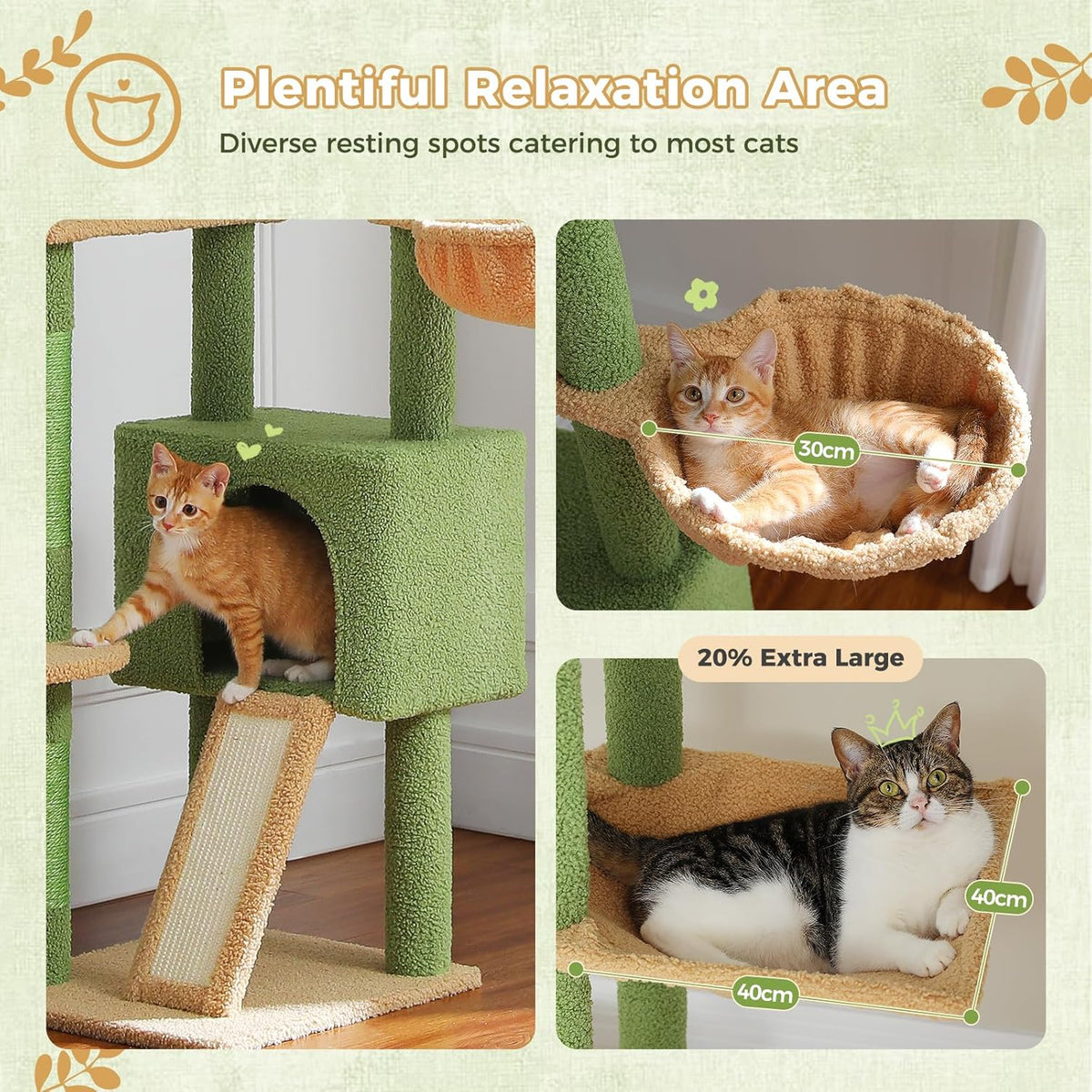 PAWZ Road High Cat Tree Floor to Ceiling Cat Tower Cactus with Adjustable Height (230-252cm), Cat Climbing Activity Center with Scratching Posts, Apartment, Cozy Hammock and Dangling Balls for - QUORE