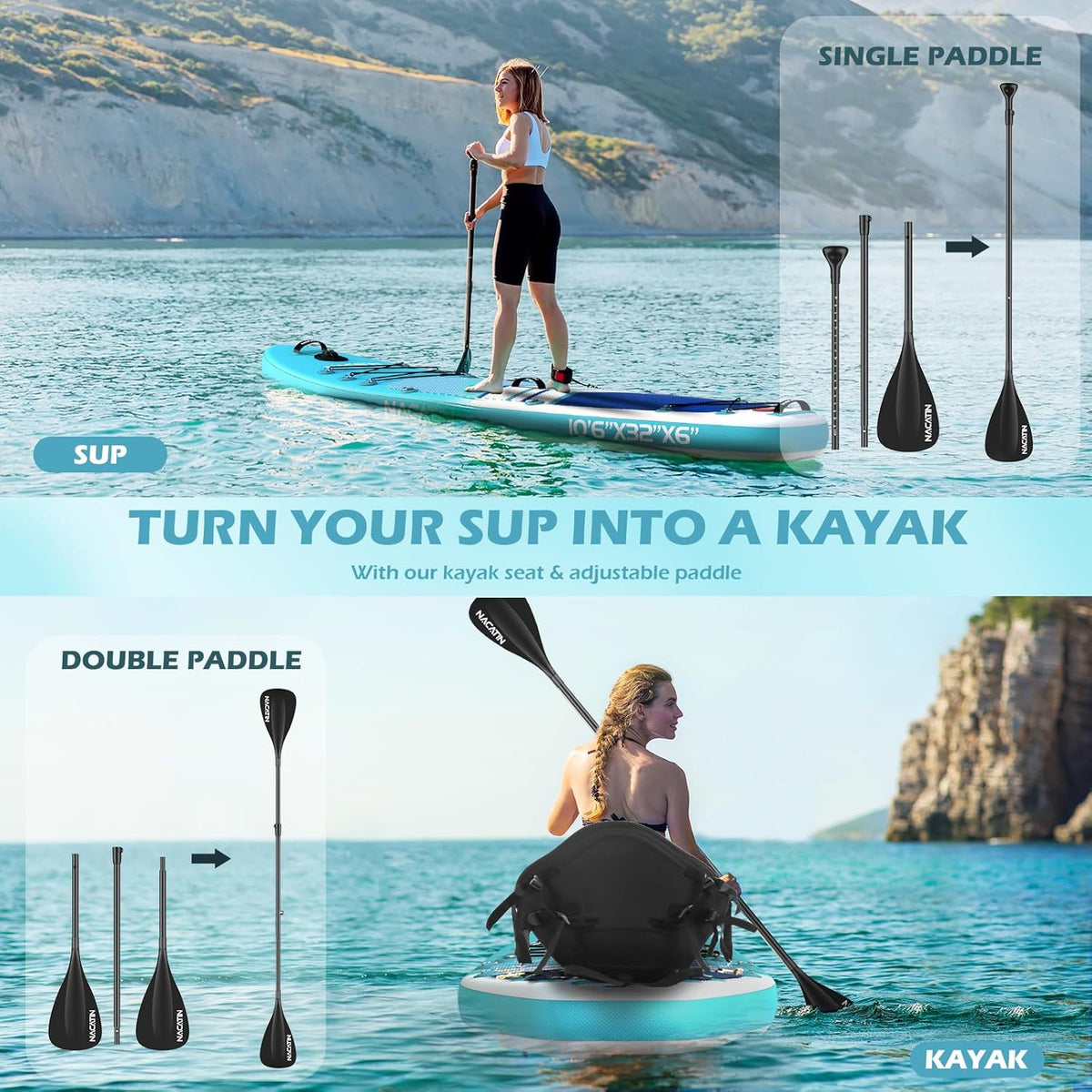 NACATIN Opblaasbare Paddle voor volwassenen, 25,6 cm, stand-up paddle, opblaasbaar, met verstelbare peddel, pomp, rugzak, waterdichte tas, ideaal voor alle vaardigheidsniveaus (optionele kajakstoel