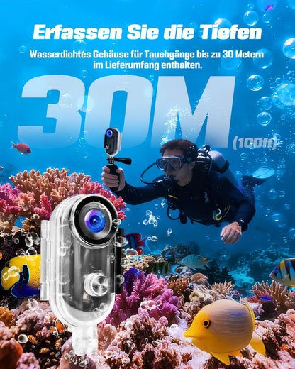 Actioncamera 4K met 64 GB SD, BodyCam-lichaamscamera Mini magnetische handsfree POV-camera met 360° draaibare clip, 30 m waterdichte behuizing voor skiën, helmcamera, vlog