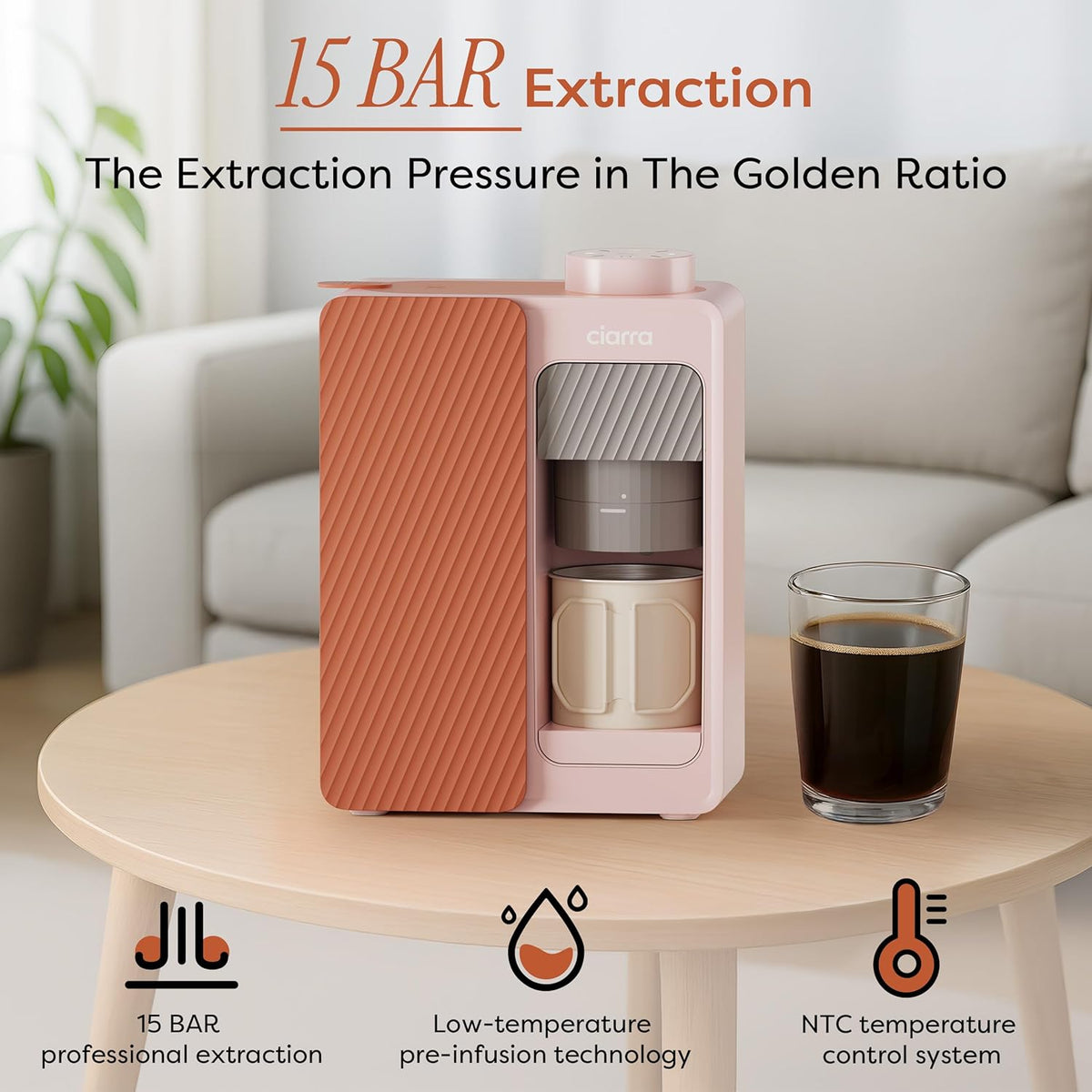 CIARRA CBPCM551-P BloomBox Draagbare Espressomachine Mini Koffiezetapparaat 15 Bar Zelfverwarmend Best Portable Espresso Maker Geschikt voor Camping Reizen Roze