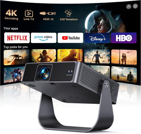 Smart beamer, autofocus, trapeziumcorrectie, mini-beamer, 360° draaibaar, 1080p Full HD, WiFi6, bluetooth, thuisbioscoop/outdoor projector