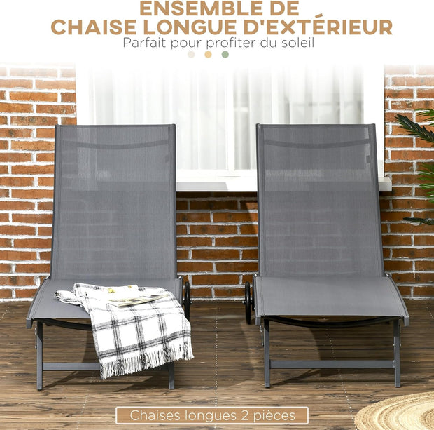 Ligstoel - Tuinligstoel - Set van 2 - Ligbed - met Wielen - Verstelbaar Rugleuning - Weerbestendig - voor Tuin - Zwembad - Strand - Aluminium - Textiel - 66 x 165 x 102 cm - Donkergrijs