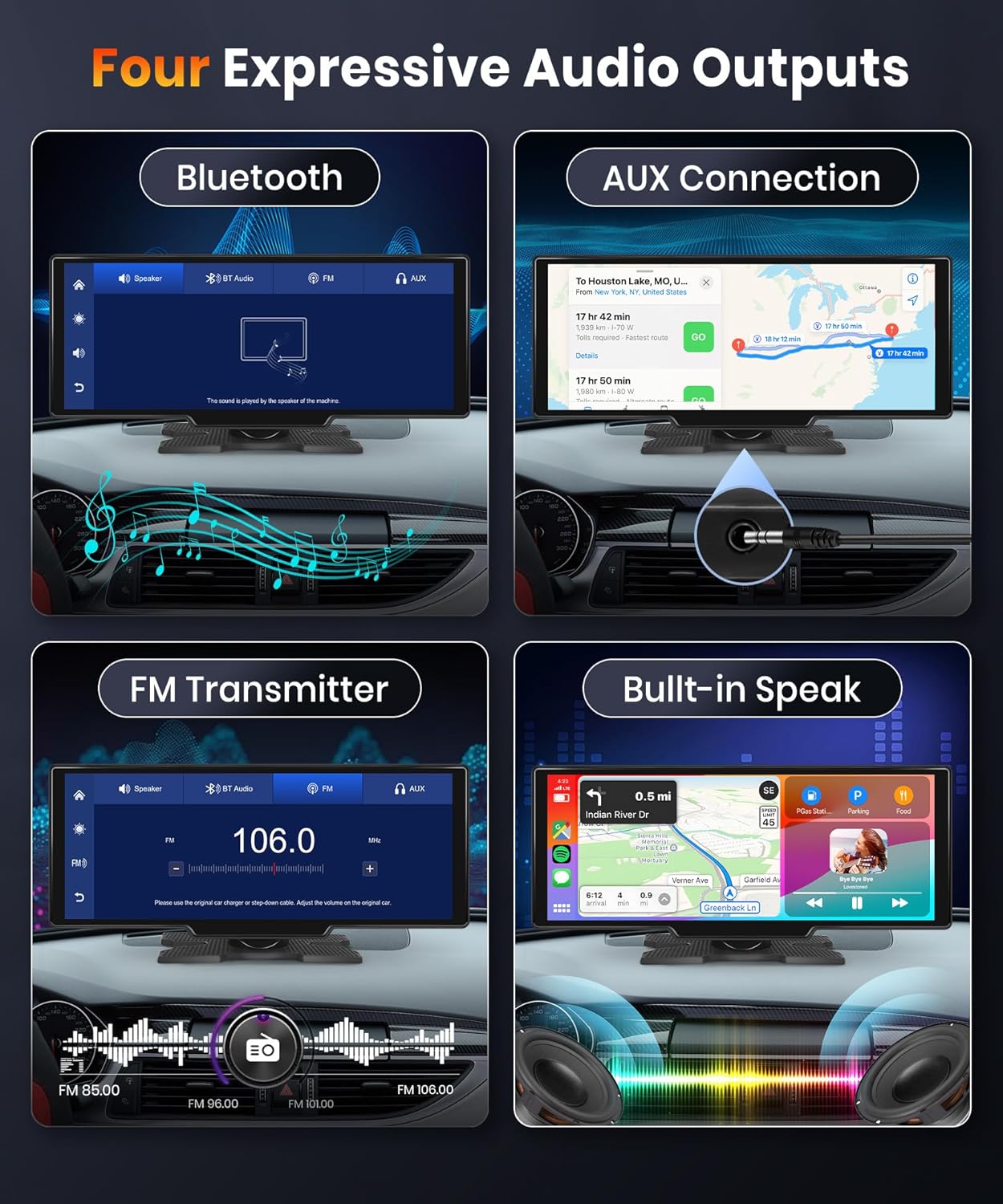 Podofo 10.26''draagbare autoradio touchscreen draadloos Carplay Android Auto Bluetooth/FM-zender/AUX Spraakassistent met achteruitrijcamera DC 7-32v
