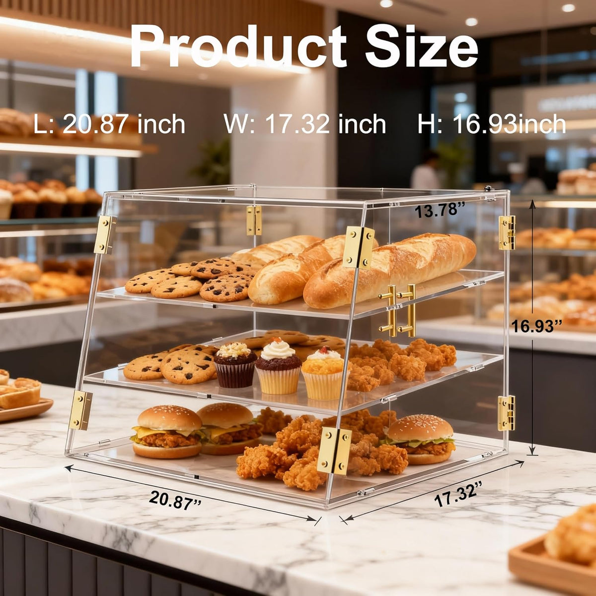 3 Dienblad Aanrecht Bakkerij Vitrine met Elastische Auto-Deur, 53,1 cm x 43,2 cm x 43,2 cm Commerciële Gebak Brood Voedsel Vitrine Opbergdoos voor Donut Taart Bagels Koekje