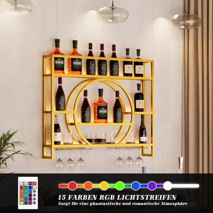 Metalen Wijnrek – Wandrek – Flessenrek – Wijnkast – Wijnhouder – Met 15-Kleuren LED-Verlichting – Goudkleurig 100 cm