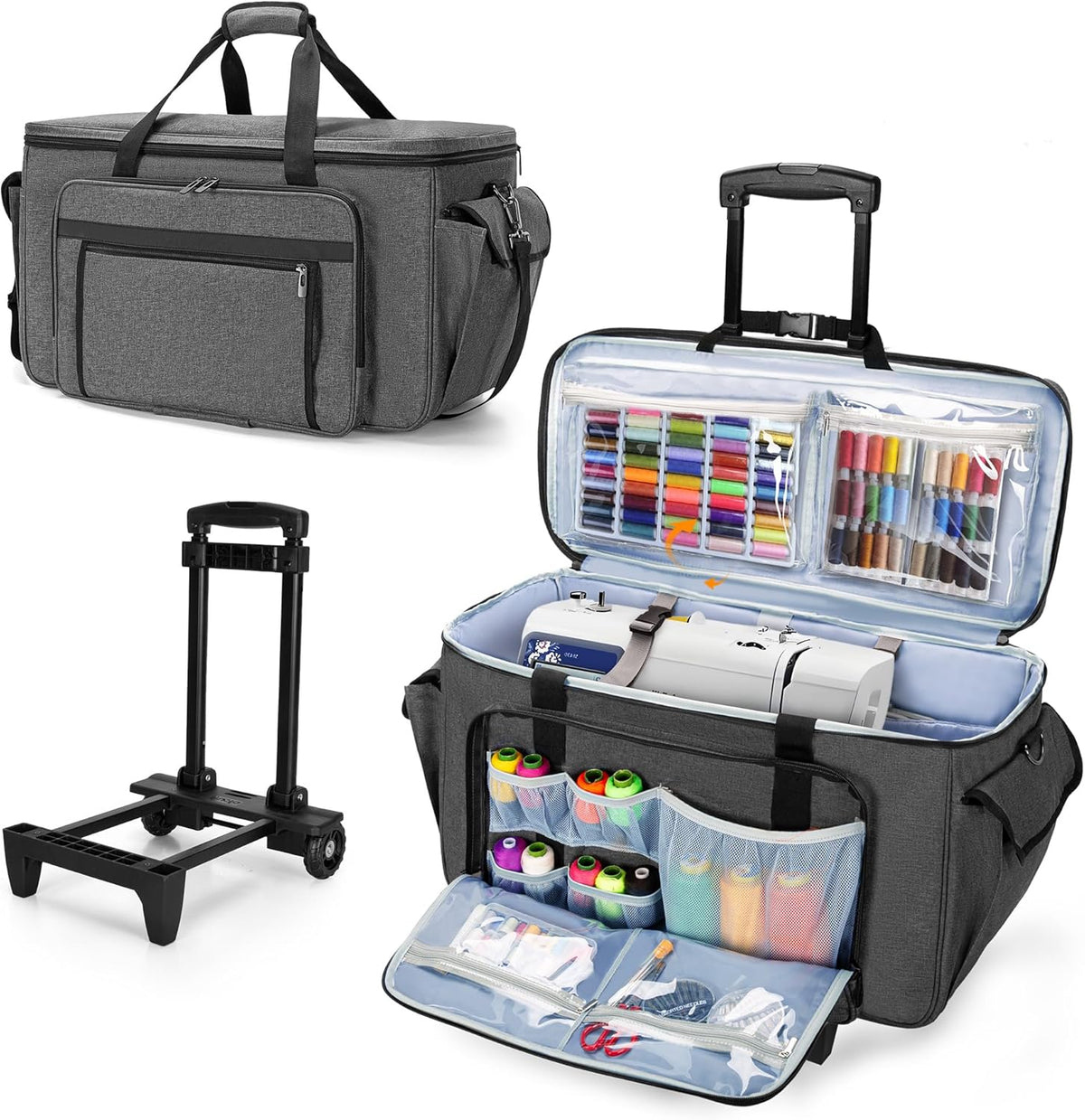 CURMIO Borduur- en Naaimachine Draagtas met Wielen, Rolbare Borduurmachine Tote Bag met Ondersteunende Bodemplaat voor Borduurmachine en Naaibenodigdheden, Grijs