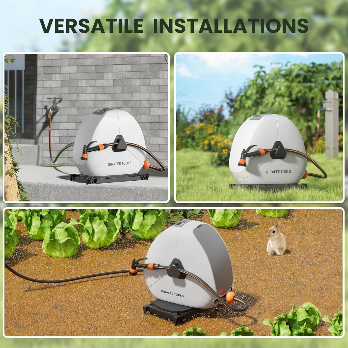 Giraffe Tools Intrekbare slanghaspel met 30 m, zware grondmontage tuinslanghaspel, met 9 functies sproeier en flexibele draaibare basis