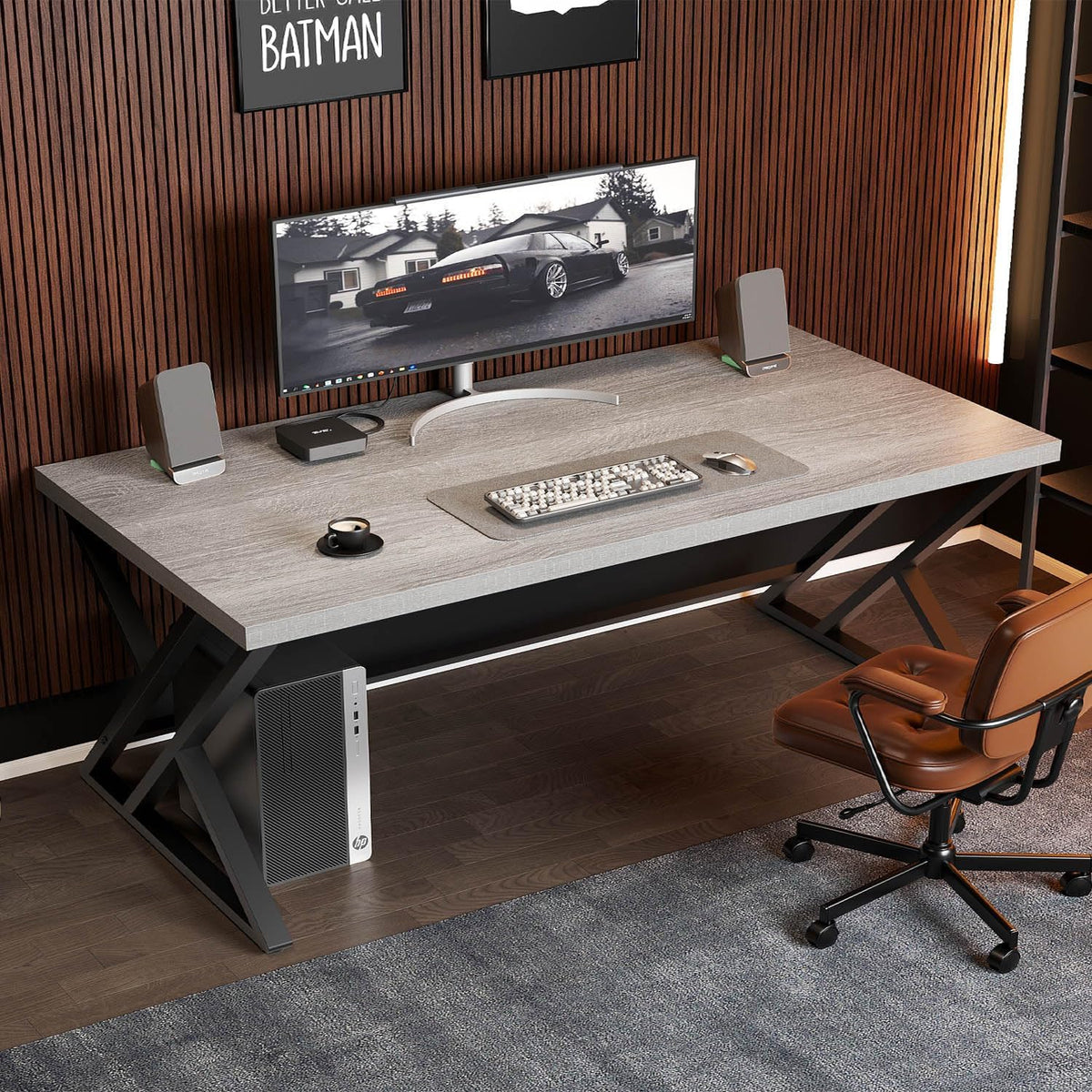 LVB Computerbureau, lang, industrieel design, studie, houten tafel, 152 x 60 x 75,5 cm, grijs
