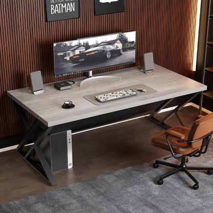 LVB Computerbureau, lang, industrieel design, studie, houten tafel, 152 x 60 x 75,5 cm, grijs