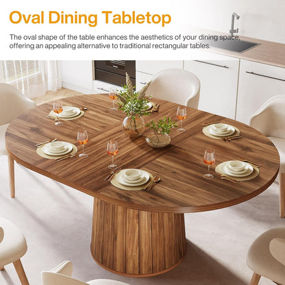 Tribesigns Oval Dining Table for 6 People, 140 cm Farmhouse Wood Dining Table, Rustic Kitchen Table with Wooden Table Top and Cylindrical Pedestal for Dining Room (Brown)