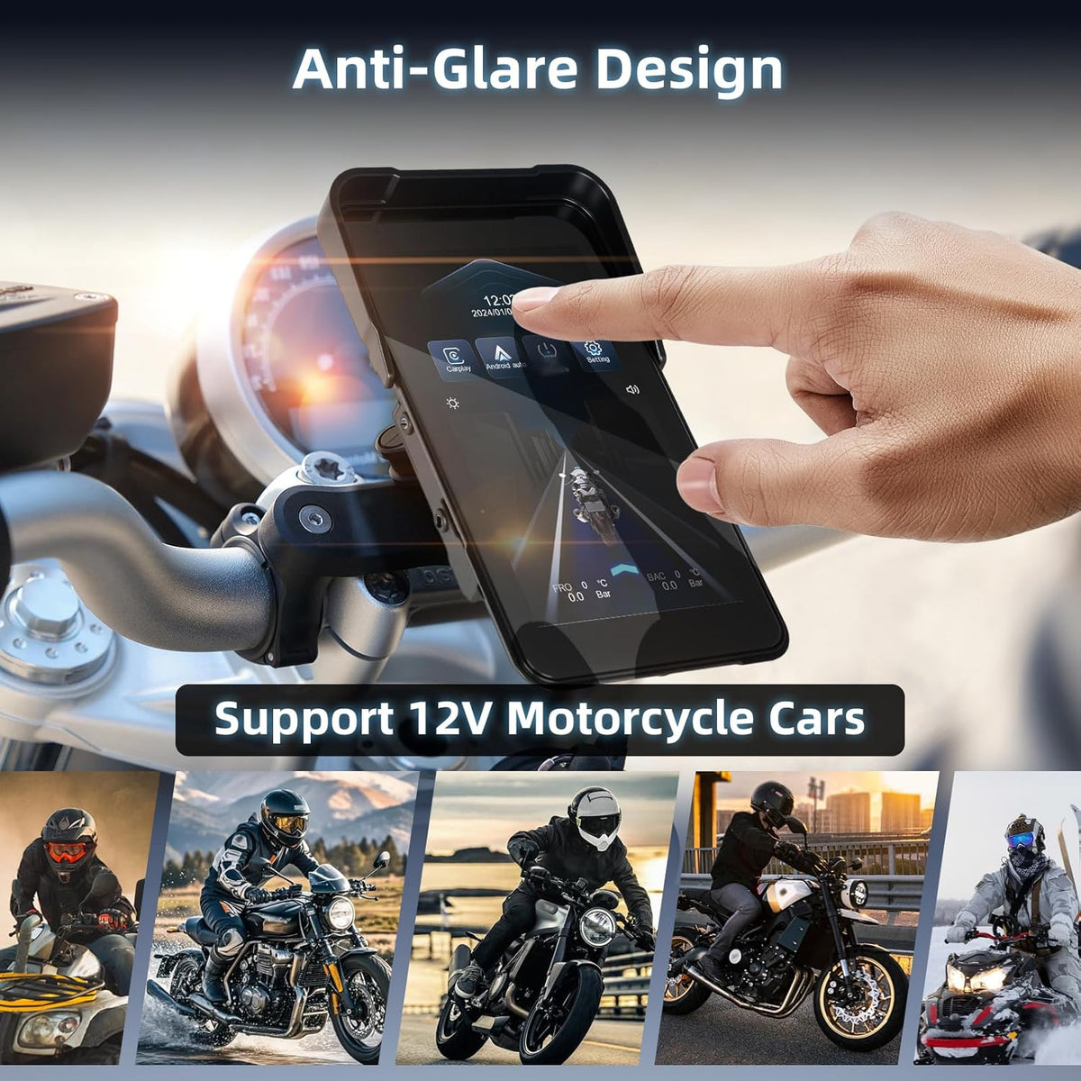 Carplay motorfiets scherm met navigatie, draagbaar 5 inch waterdicht touchscreen met draadloos CarPlay en Android auto motorfiets, bluetooth, EQ, kalibratie aanraken + SWC