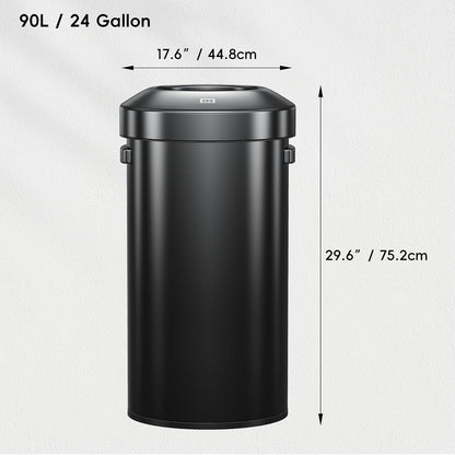 EKO Urban 24 gallon ronde zwarte roestvrijstalen open afvalbak, hoge commerciële prullenbak voor binnen/buiten, extra grote metalen vuilnisbak voor kantoor, restaurant, toilet, 90L
