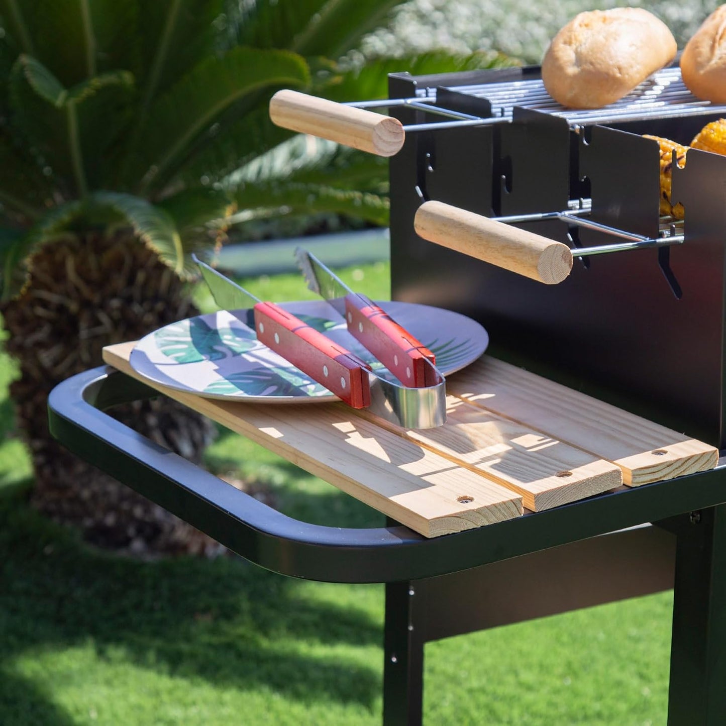 AKTIVE Draagbare houtskoolgrill met dubbele grill, metaal, 100,5 x 40 x 88,5 cm, 3 verstelbare hoogtes, 2 wielen voor eenvoudig transport, geëmailleerd metaal en hout, houtskoolbarbecues (52975)