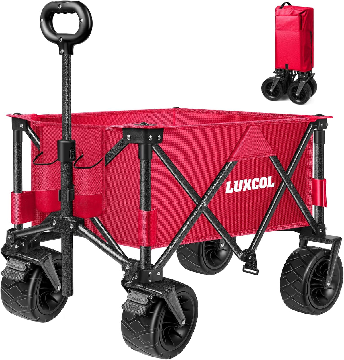 LUXCOL Opvouwbare vouwwagen, zware bruikbare strandwagen wagen voor zand met grote wielen, verstelbare handgreep en bekerhouders voor winkelen, kamperen, tuin en buiten