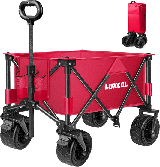 LUXCOL Opvouwbare vouwwagen, zware bruikbare strandwagen wagen voor zand met grote wielen, verstelbare handgreep en bekerhouders voor winkelen, kamperen, tuin en buiten