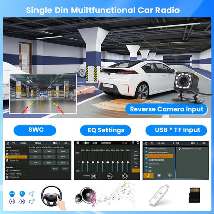 Hikity 1 DIN-autoradio met draadloze CarPlay, met 7 inch touchscreen-scherm Android Auto, met bluetooth, FM-radio, USB Type-C, AUX, achteruitrijcamera