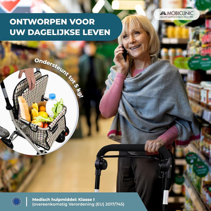 Mobiclinic®, Opvouwbare Rollator, Boodschappenkar met Zitting, Coliseum, Enkele Hendel, Staal, Grote Mand, Rugleuning en Vulling, Remsysteem, 360° Wielen (Schilderijen)