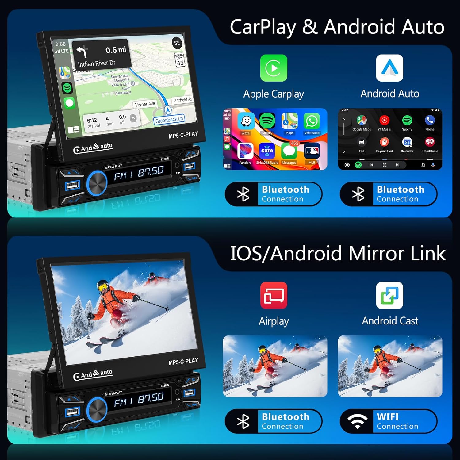 Hodozzy Single Din Car Radio 7 Inch Folding Touch Screen Car Radio With Carplay Android Auto, Car MP5 Player Bluetooth FM Car Radio 1 Din Support Usb/Aux/SWC + Rear View Camera - QUORE