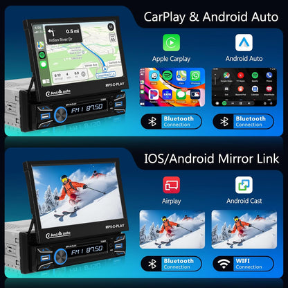 1 DIN Autoradio – Auto Stereo – MP5 Speler – Bluetooth Radio – Multimedia Speler – Gemotoriseerd 7 Inch Flip-Out Touchscreen – Draadloze CarPlay & Android Auto
