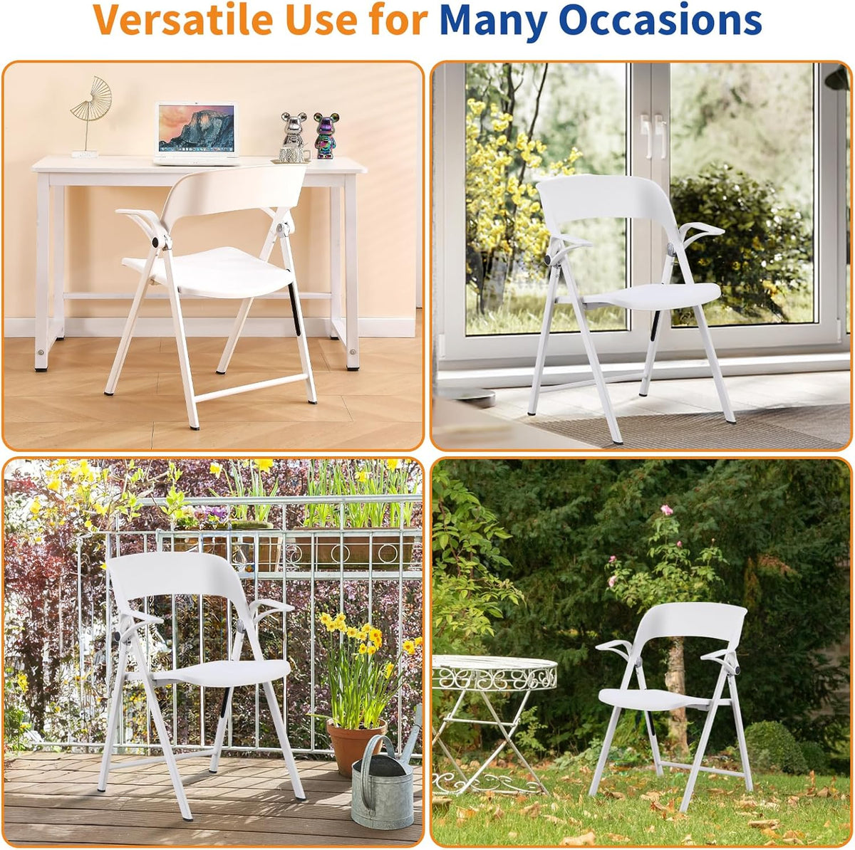 Witte bureaustoel met armen, kunststof klapstoelen, comfortabele stapelbare eetkamerstoelen, draagbare opvouwbare stoel met stalen frame voor binnen, buiten, bruiloft, feest, gazon, tuin