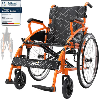 VOCIC U31 Rolstoel, licht, 150 kg, aluminium rolstoel voor gehandicapten, dubbele rem, rolstoel voor senioren, solide banden, 60 cm voor alle vloeren, oranje