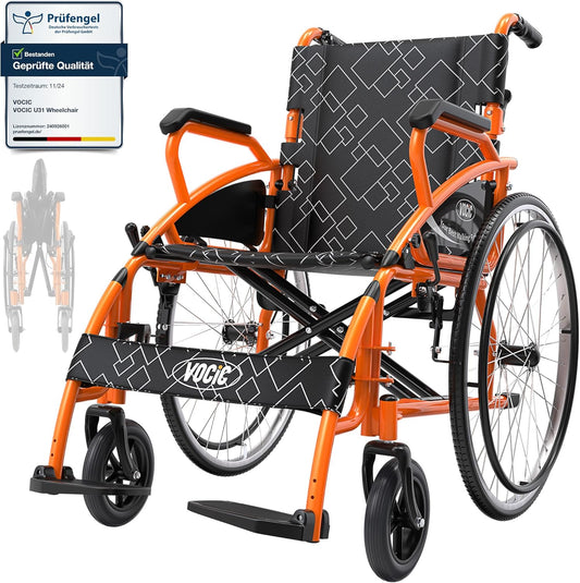 VOCIC U31 Rolstoel, licht, 150 kg, aluminium rolstoel voor gehandicapten, dubbele rem, rolstoel voor senioren, solide banden, 60 cm voor alle vloeren, oranje