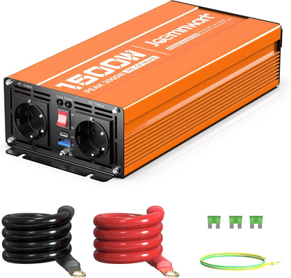 Spanningsomvormer, 1500 W, omvormer met gemodificeerde sinusgolf, 12 V naar 230 V, piekvermogen 3000 W, ideaal voor laptops, tablets, smartphones en meer