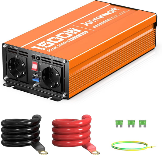 Spanningsomvormer, 1500 W, omvormer met gemodificeerde sinusgolf, 12 V naar 230 V, piekvermogen 3000 W, ideaal voor laptops, tablets, smartphones en meer