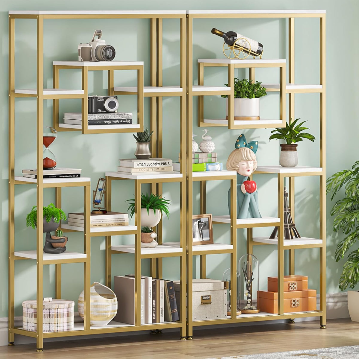 Tribesigns 180cm Golden Bookcase, 11 Stories Large and High, Open Geometric Cube Design, Modern for Living Room, Bedroom, Home Office
