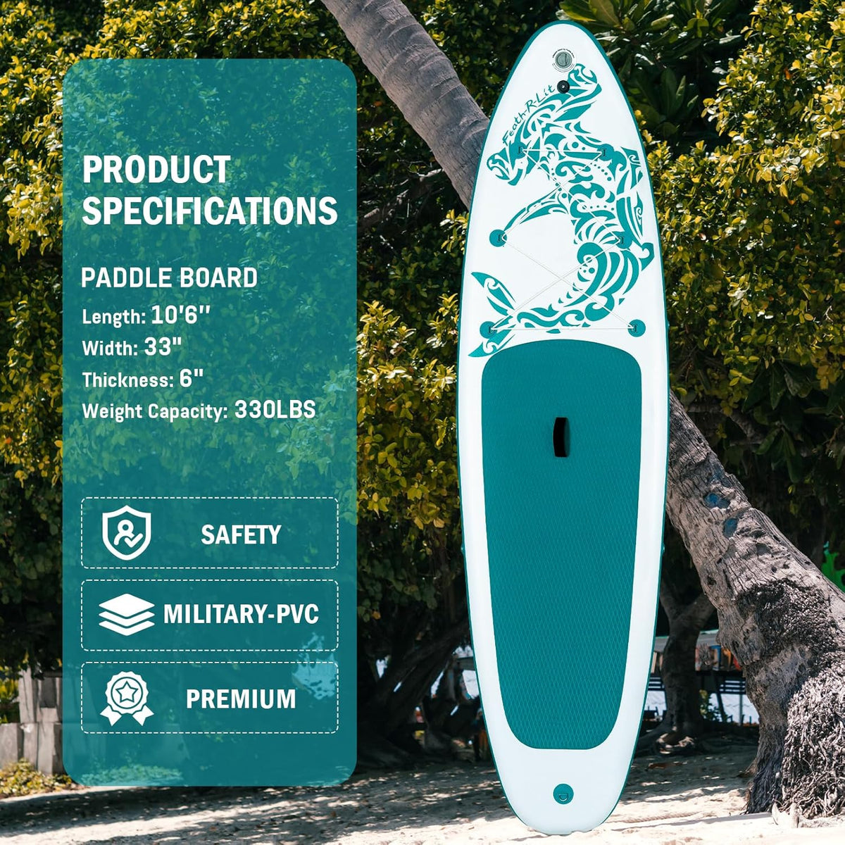 FEATH-R-LITE Opblaasbaar stand-up paddleboard, surfplank, SUP, compleet paddleboard, accessoires, verstelbare peddel, pomp, ISUP reisrugzak, paddleboard voor volwassenen (Groen en wit)