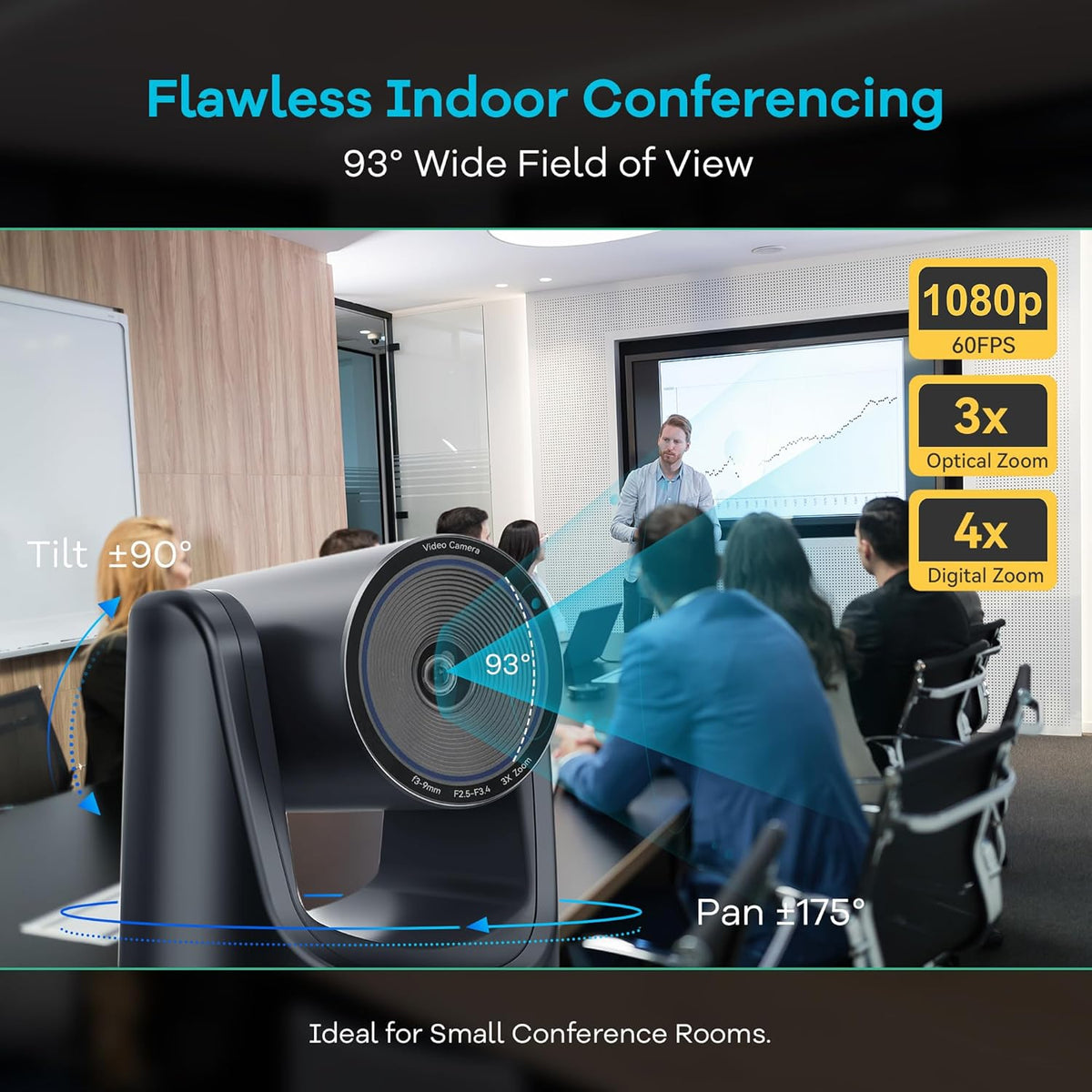 TONGVEO 3X Optische Zoom PTZ Camera AI Auto-Tracking HDMI USB 3.0 1080P 60fps Groothoek voor Videoconferentie Zakelijke Vergadering Live Streaming Online Leren met Zoom YouTube Teams OBS en Meer