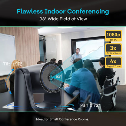 TONGVEO 3X Optische Zoom PTZ Camera AI Auto-Tracking HDMI USB 3.0 1080P 60fps Groothoek voor Videoconferentie Zakelijke Vergadering Live Streaming Online Leren met Zoom YouTube Teams OBS en Meer