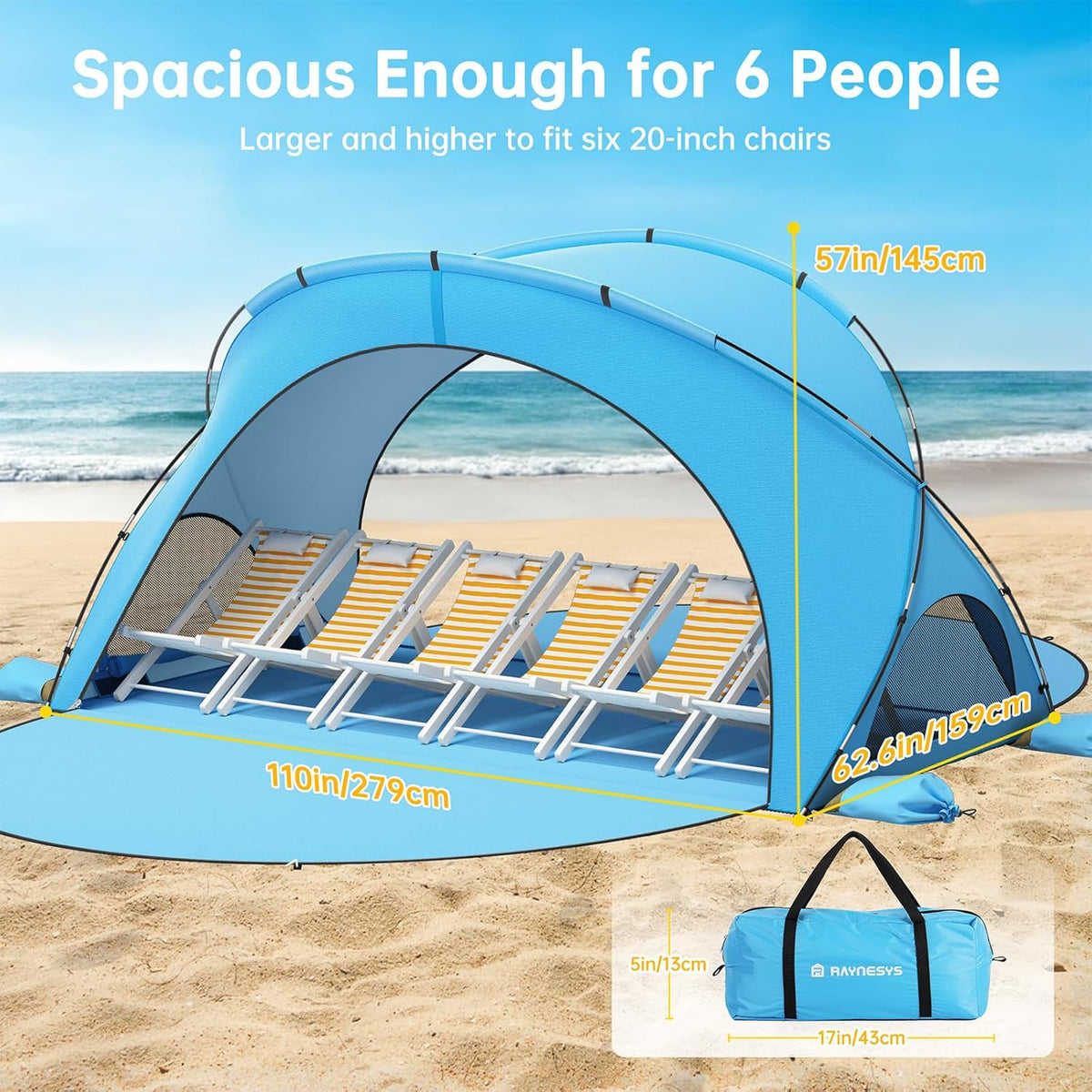 Raynesys Strandtent voor 1-6 personen, 2 deuren met ritssluiting, zonwering, uv-bescherming UPF50+, draagbare strandtent voor camping en vissen, blauw