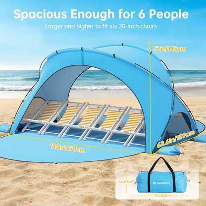 Raynesys Strandtent voor 1-6 personen, 2 deuren met ritssluiting, zonwering, uv-bescherming UPF50+, draagbare strandtent voor camping en vissen, blauw
