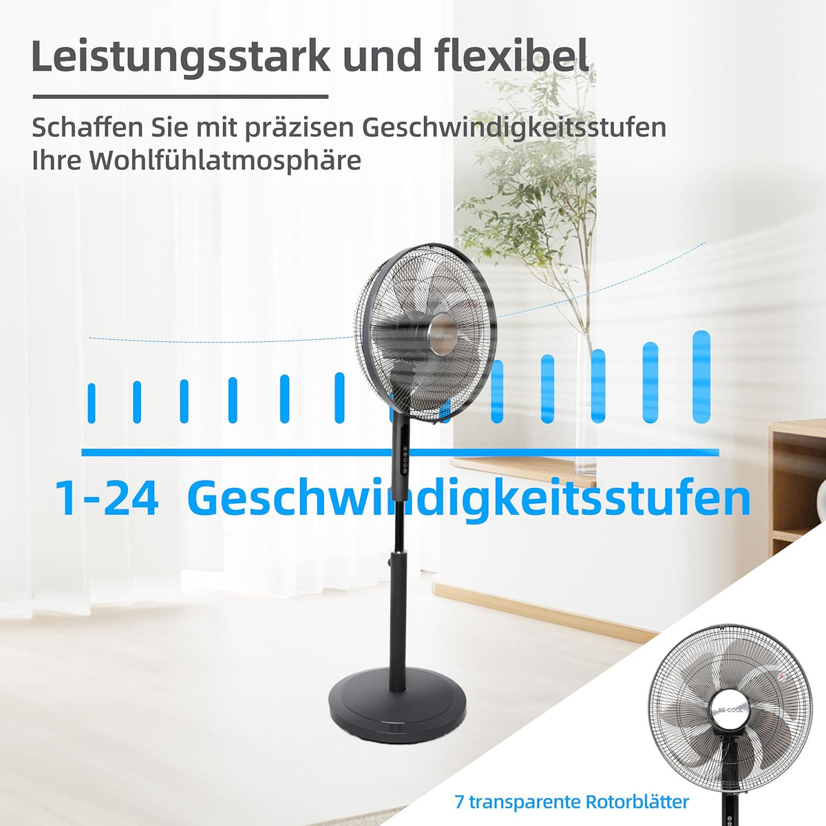 Staande Ventilator – Ventilator – Vloerventilator – Voetventilator – Statiefventilator – Zwart – 50 W DC-Motor – 24 Snelheden