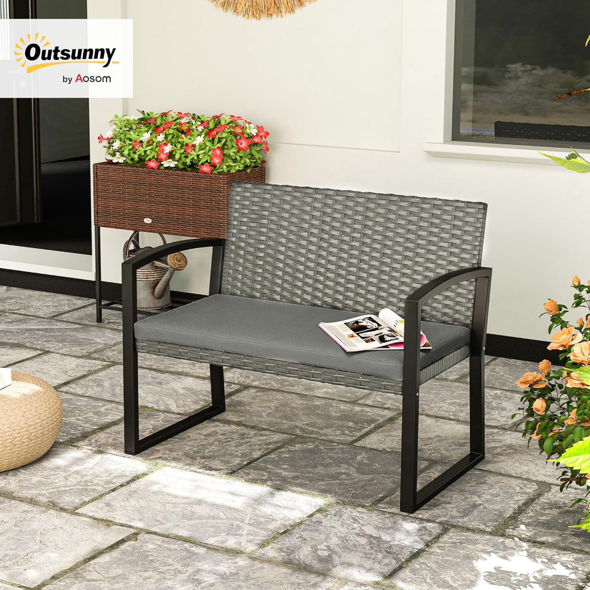 Outsunny Rattan Garden Bench 2 Seater Garden Bench with Cushion, Wicker Garden Bench with Armrests, Galvanized Steel Frame for Patio, Park, Dark Grey - QUORE