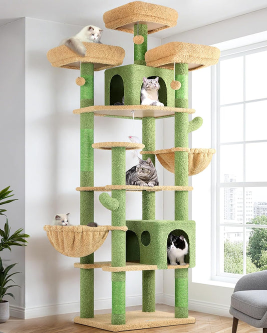 Globlazer Cat Tree Green Cactus XXL 209cm with 3 Seat Rod Cushioned, 2 Cat House, Large Platform, 2 Basket, Plush Toys, Luxury Scratching Post Large Stable for 3-5 Cats Indoor (F82, Green) - QUORE