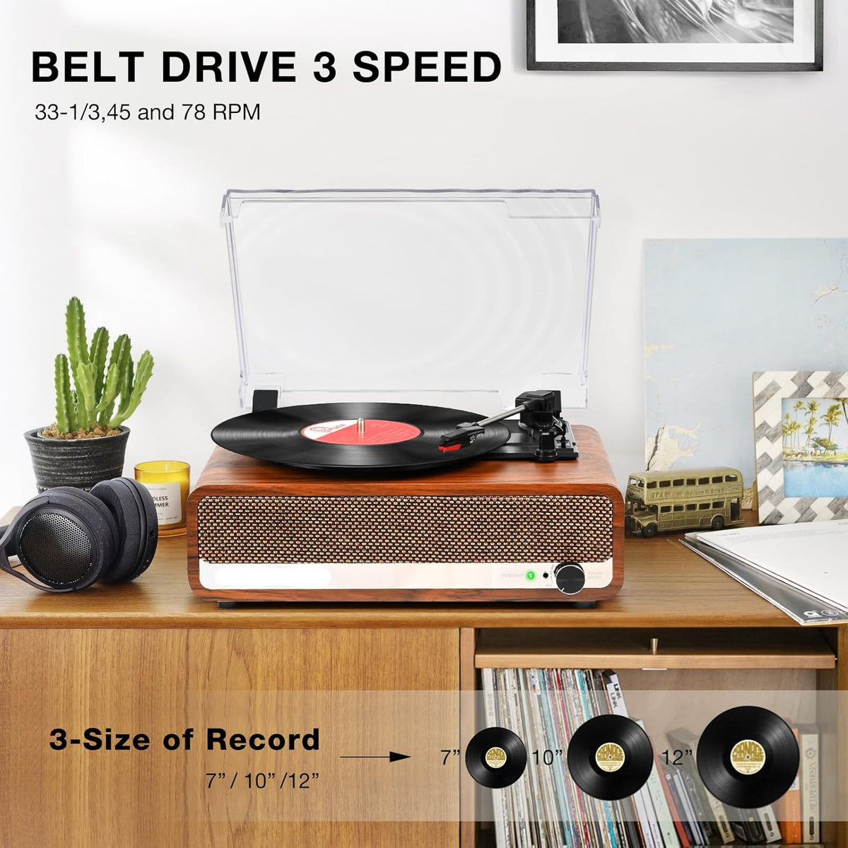 Platenspeler - Geïntegreerde Luidsprekers - Vintage Fonograaf - met Bluetooth-Riemaandrijving - 3 snelheden - voor Muziekgenot - Woondecoratie - Hout - Oranje/Geel