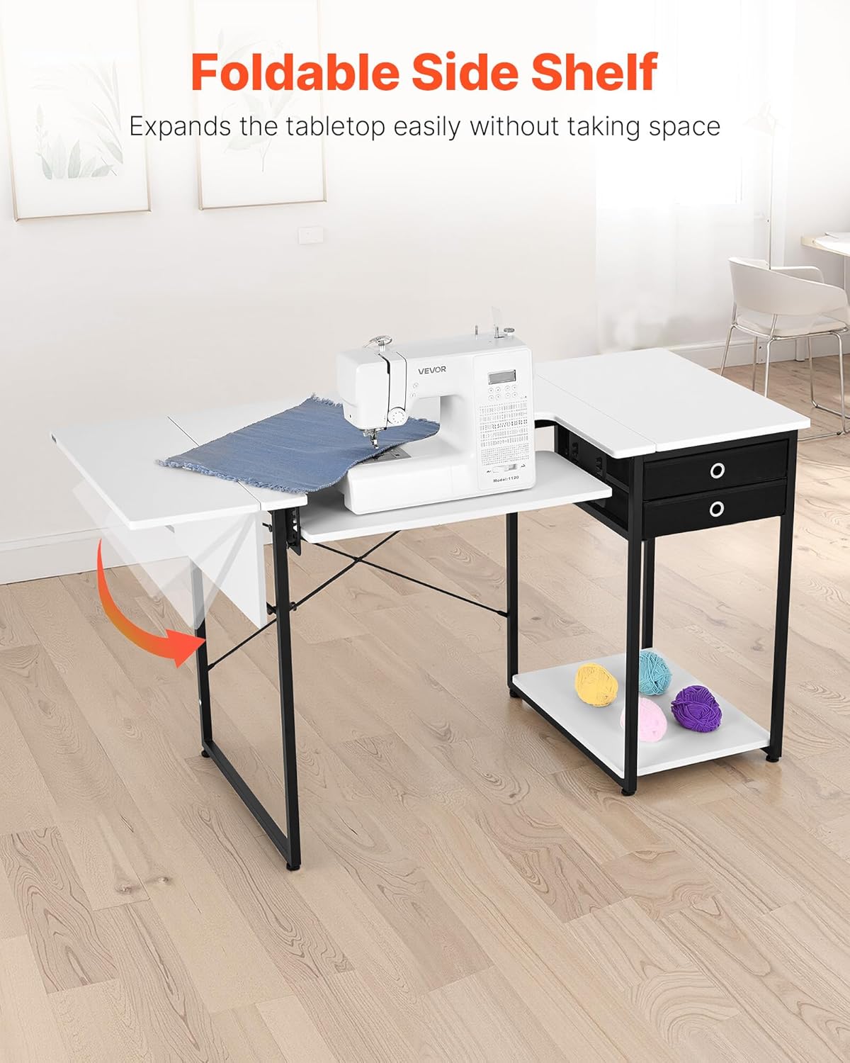 VEVOR Naaitafel, multifunctionele naaimachinetafel met opvouwbare zijplank, verstelbare plank, stalen poten, computerbureau voor thuis, modestudio, kunststudio, onderwijsinstelling, wit