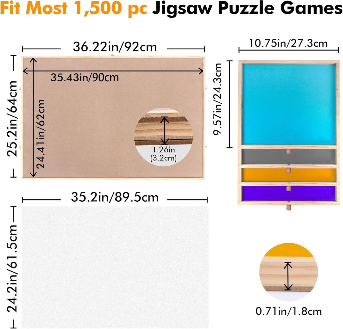 36" X 25" roterende en verstelbare puzzelbord ezel, houten legpuzzel tafel met 4 sorteerladen gekantelde hoeken antislip suède oppervlak voor maximaal 1500 stukjes puzzels met PP-hoes